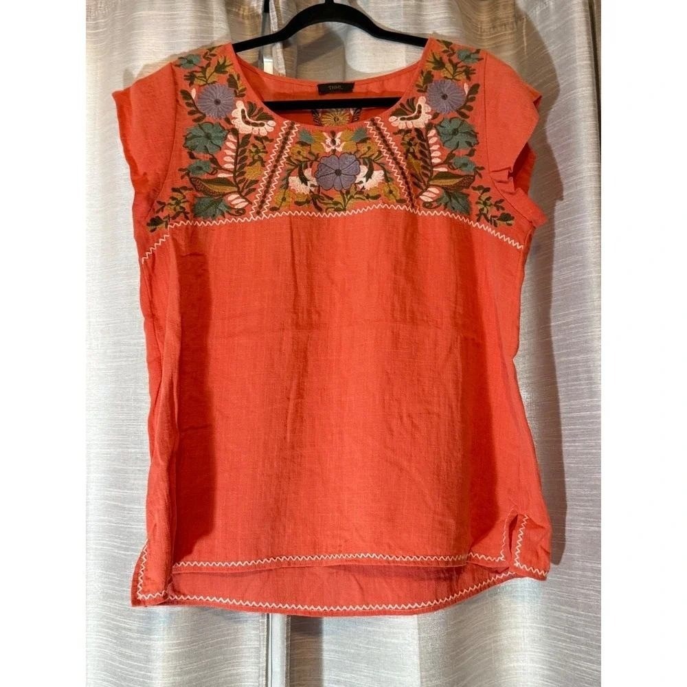 THML Orange Embroidered Floral Short Sleeve Top Sz XL Bohemian NWOT